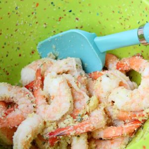 Combine shrimp with garlic powder, olive oil, parmesan cheese, salt and pepper to taste. Toss everything together until seasoning is well combined. Combine shrimp with garlic powder, olive oil, parmesan cheese, salt and pepper to taste. Toss everything together until seasoning is well combined.